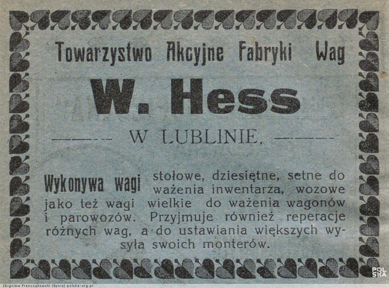 Ogłoszenie Towarzystwa Akcyjnego Fabryki Wag W. Hess